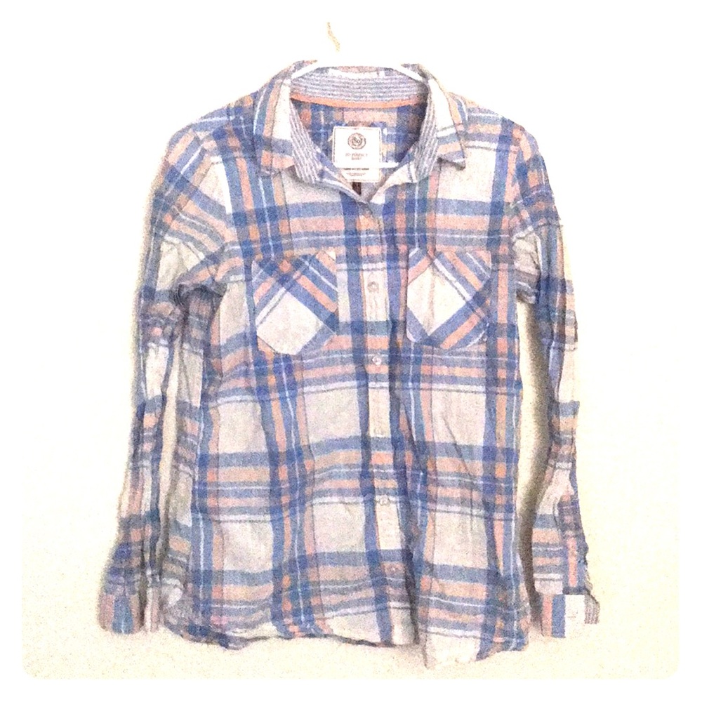 Blue, Peach, and White Plaid Button Up